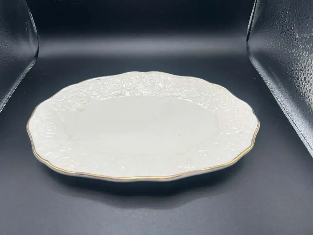 White Porcelain Oval Serving Platter with Embossed Rose Motif and Gold Trim